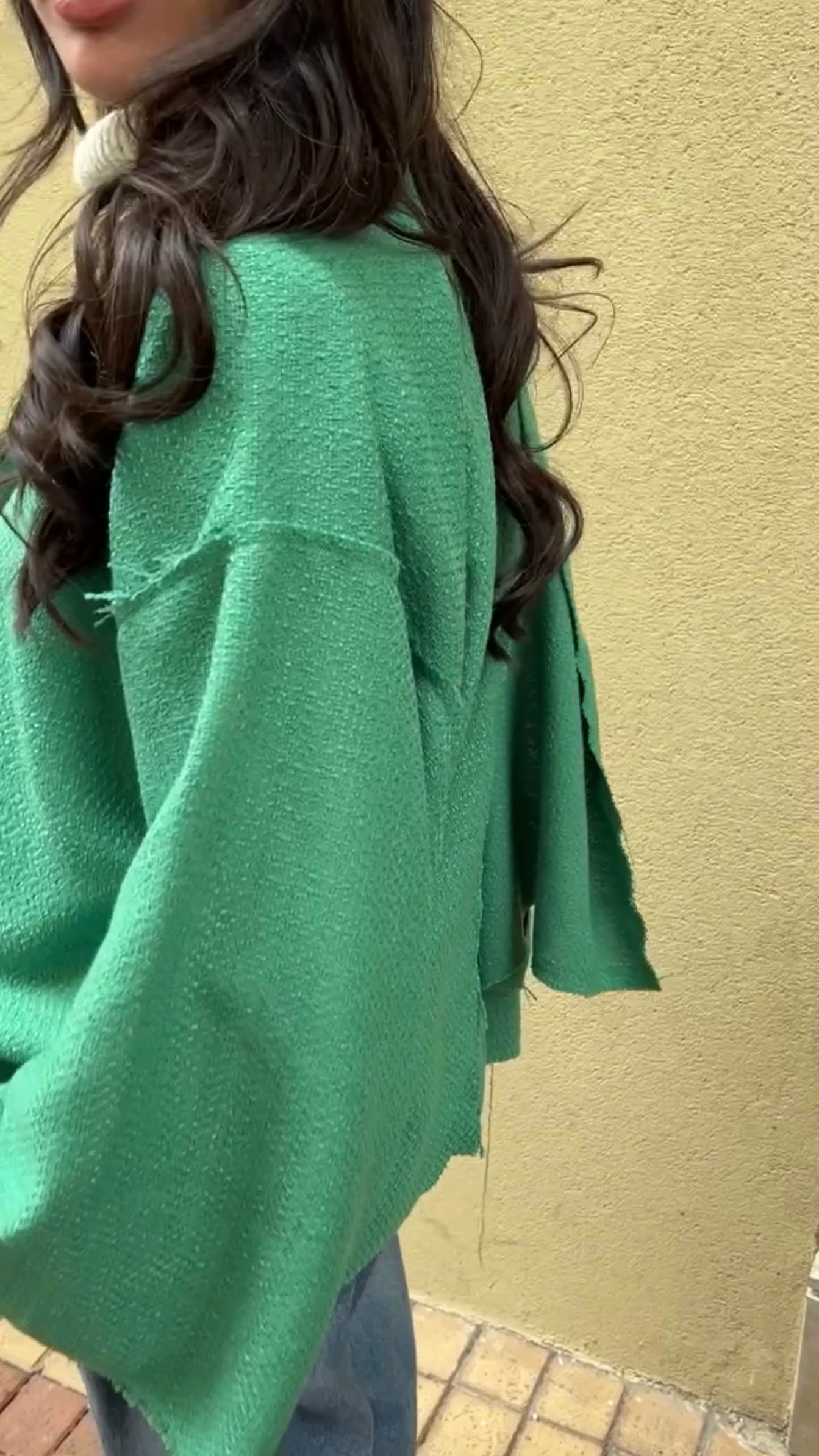 Textured Coat with Attached Scarf-Green