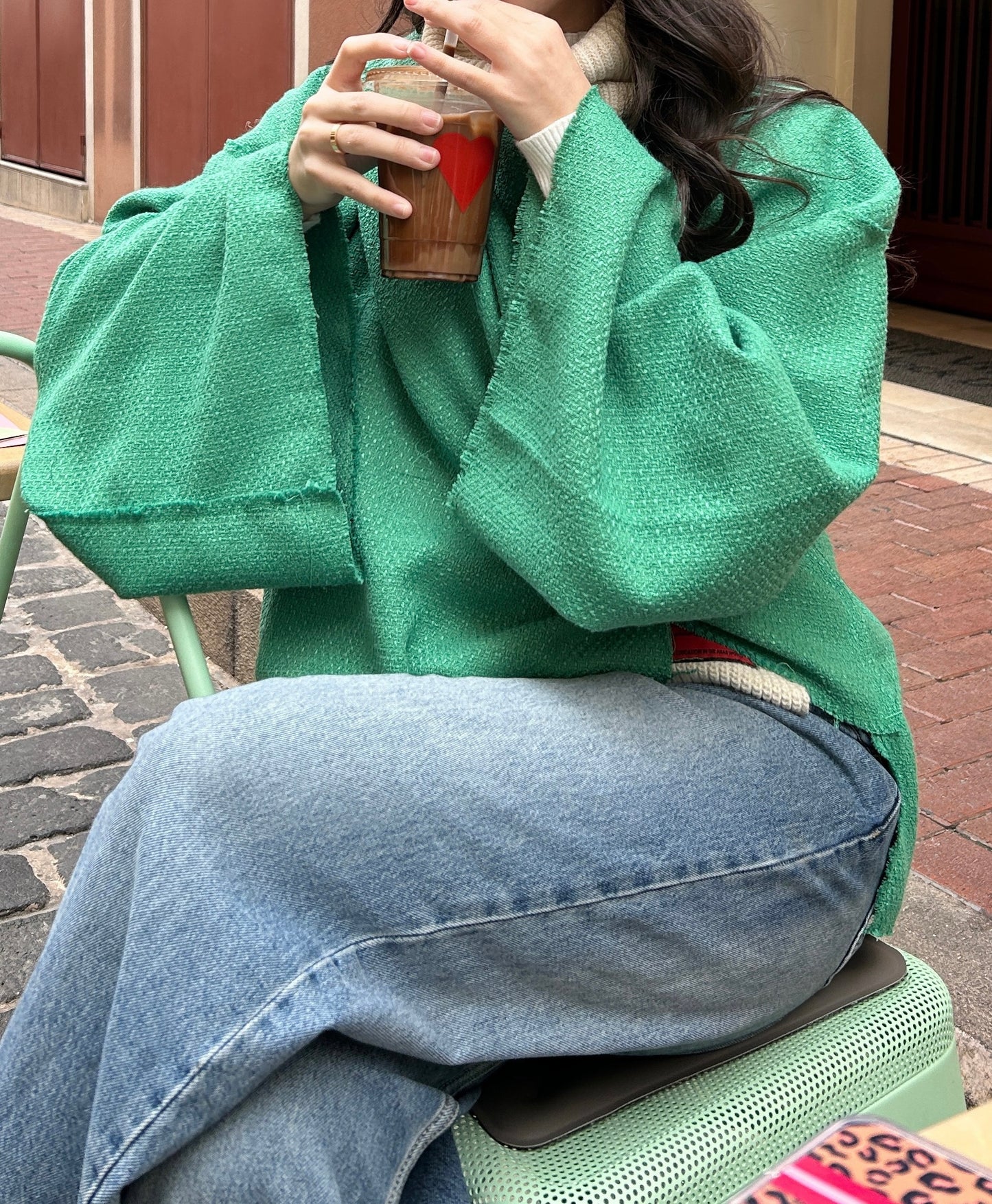 Textured Coat with Attached Scarf-Green