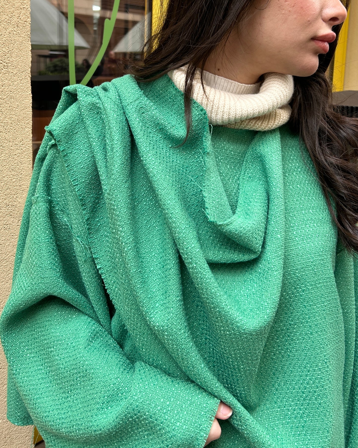 Textured Coat with Attached Scarf-Green