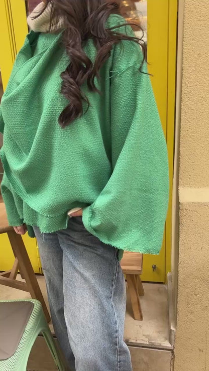 Textured Coat with Attached Scarf-Green